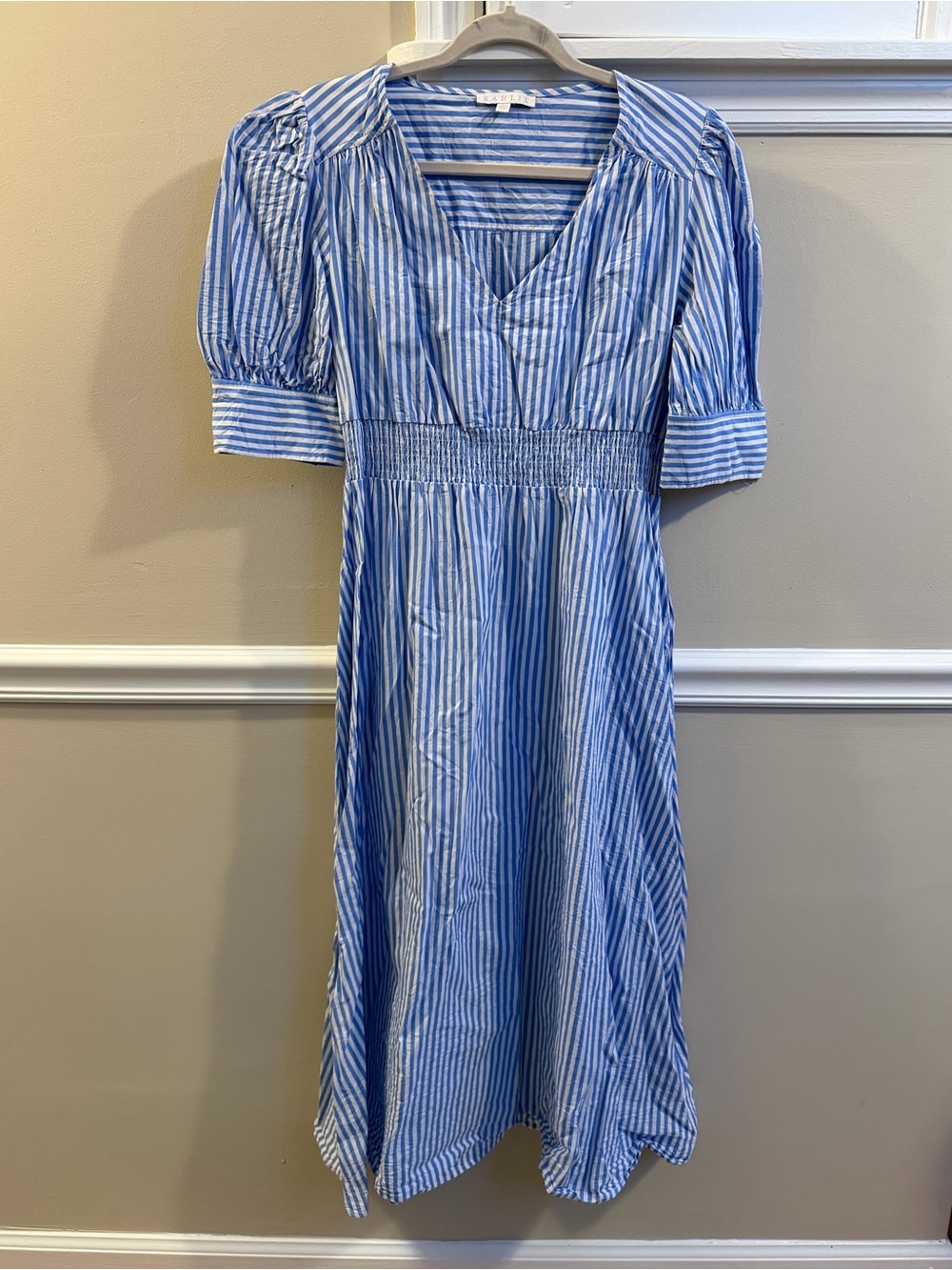 Karlie Blue and White Striped V-Neck Maxi Dress